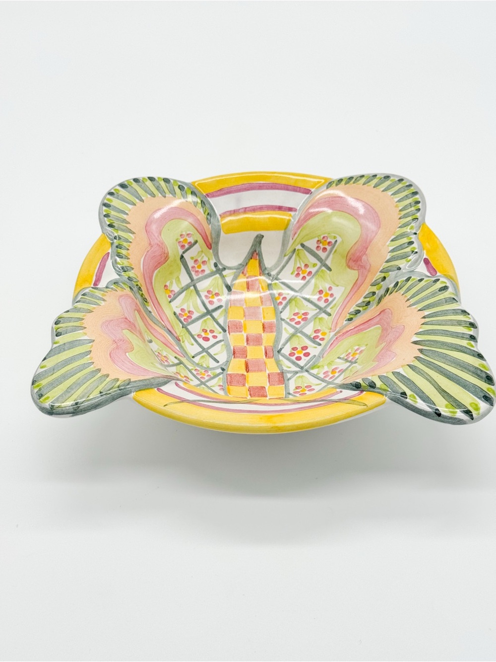 Vintage MacKenzie Childs Butterfly 7.5" Bowl Retired 2003 Yellow Green Check - Picture 6 of 13